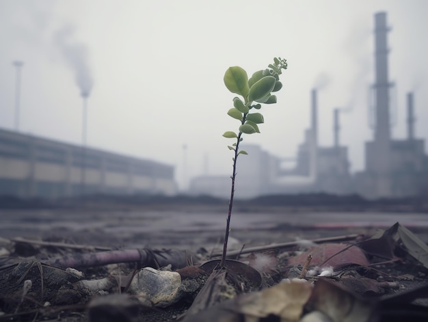 A plant is surrounded by debris and smoke in the background