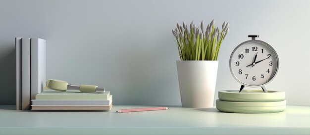 a plant is on a table next to a book with a pencil.