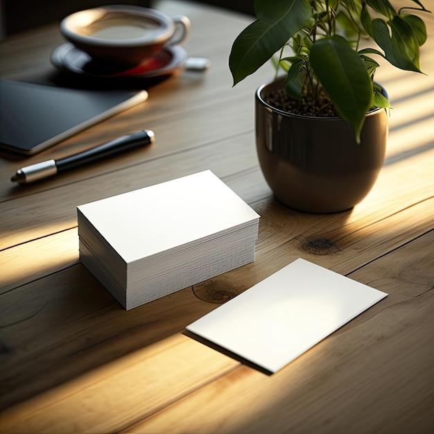 A plant is on a table next to a stack of business cards.