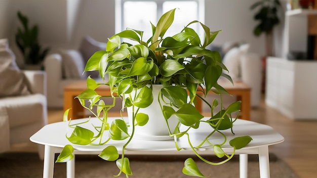 a plant is in a white pot on a table