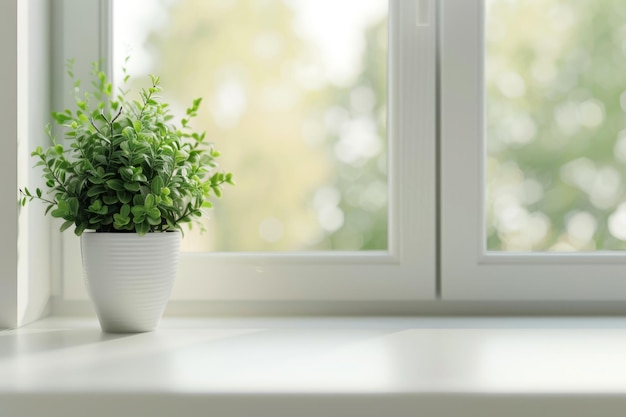 a plant is in a white pot on a windowsill