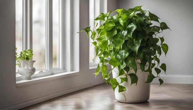 Photo a plant is in a white pot on a wooden floor