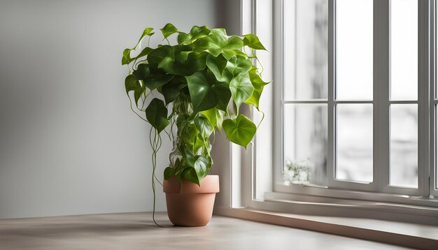 a plant is on a window sill next to a window