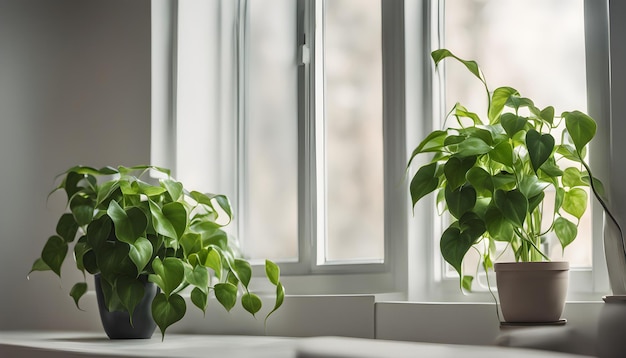 a plant is on a window sill next to a window