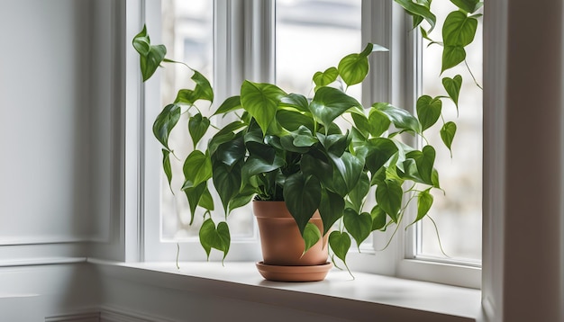 a plant is on a window sill with a plant in it