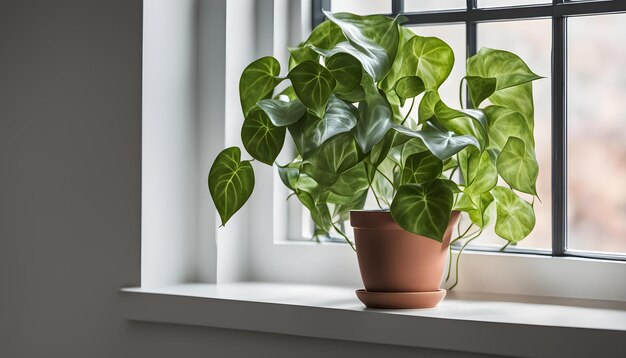 Photo a plant is on a window sill with a plant in it