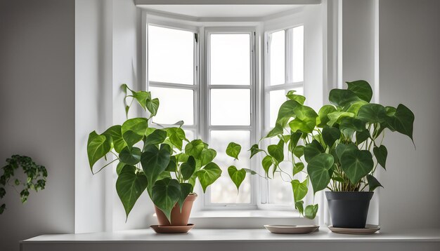 Photo a plant is on a window sill with a window behind it