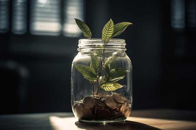 A plant in a jar with coins on the table