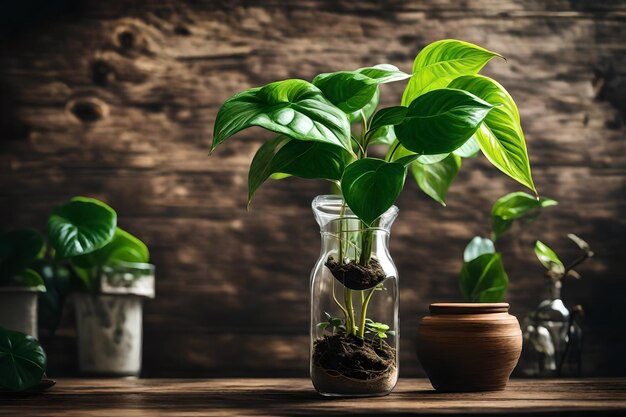 a plant in a jar with a plant in it