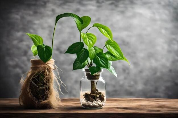 a plant in a jar with a plant in it