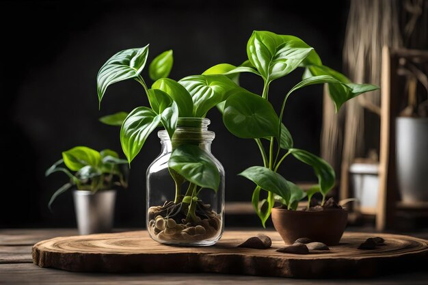 a plant in a jar with a plant in it