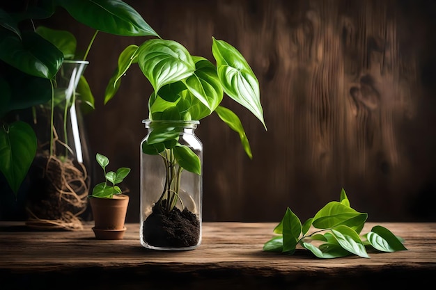 a plant in a jar with a plant in it