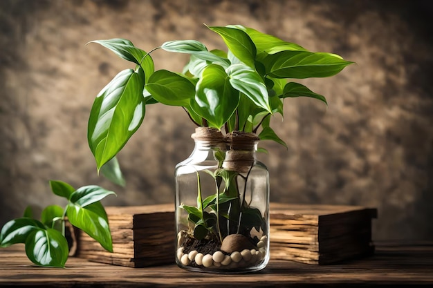 a plant in a jar with a plant in it