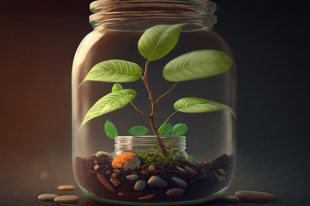 A plant in a jar with a small plant inside