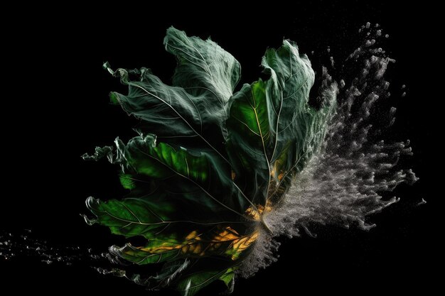 Plant leaf explosion against a black background