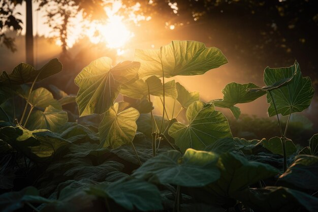 夜明けに植物の葉が爆発し、太陽が葉の間から輝きます