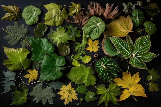 ジェネレーティブ AI で作成された、さまざまな葉が見える、上から見た植物の葉の爆発