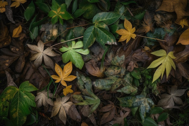 Plant leaf explosion viewed from above with a variety of different leaves visible