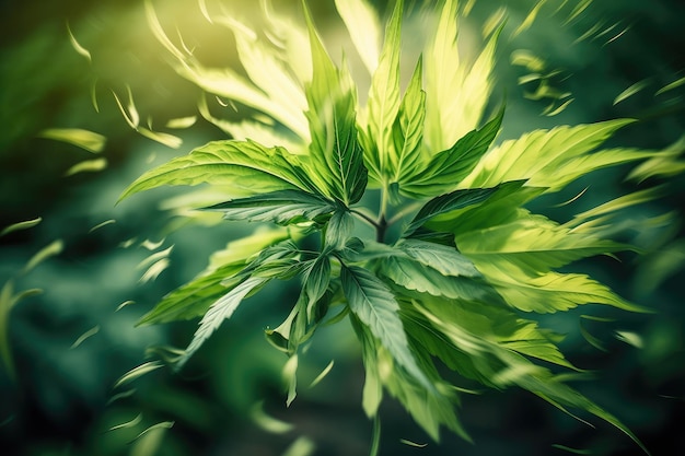 Plant leaf explosion with closeup of individual leaves in blurred motion