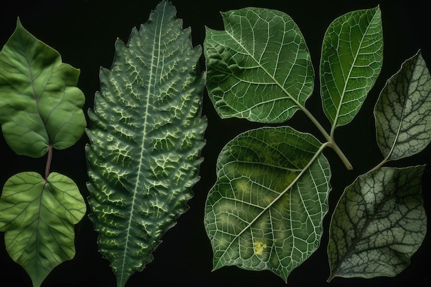 Plant leaf explosion with closeup of individual leaves each with unique patterns and textures