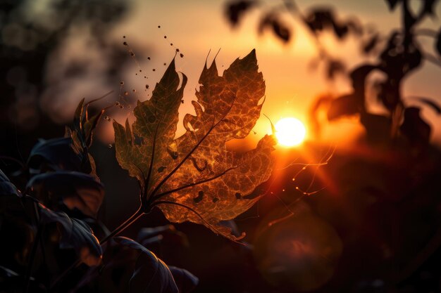 Plant leaf explosion with sunset in the background