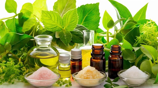 Plant leaves near essential oils and aroma salt