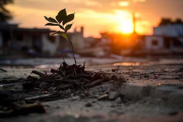 Foto plant op het zand met de zonsondergang en de achtergrond van de stad