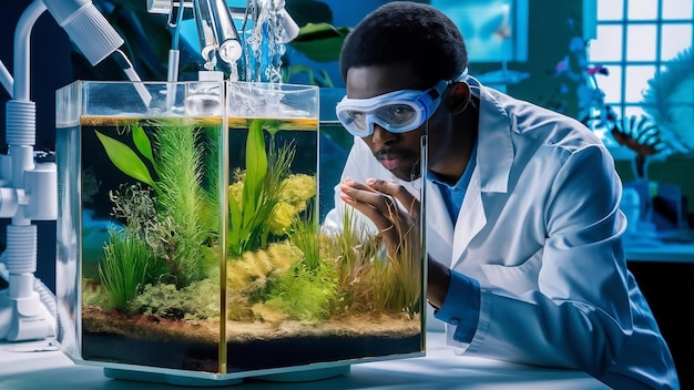 Plant picture scientist is looking inside the tank