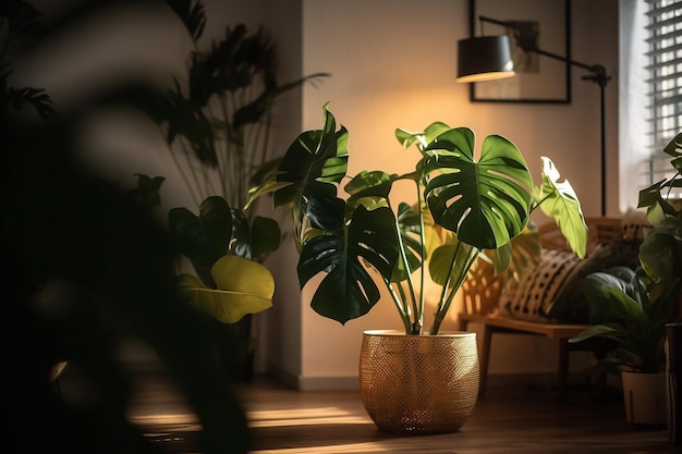 A plant in a pot in a dark room with a lamp on the wall.