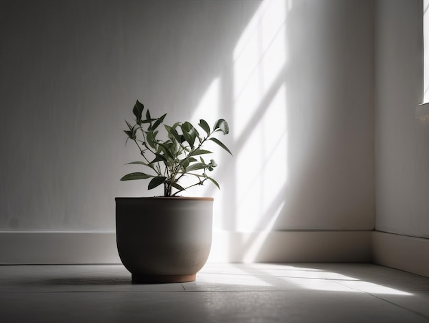 A plant in a pot is in front of a window.