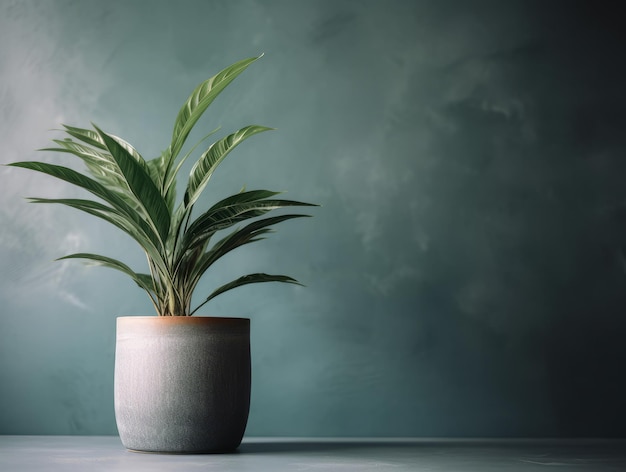 A plant in a pot is on a table with a blue wall behind it.