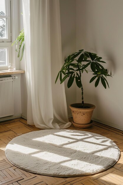 a plant in a pot sits in front of a window with the sun shining through the curtains