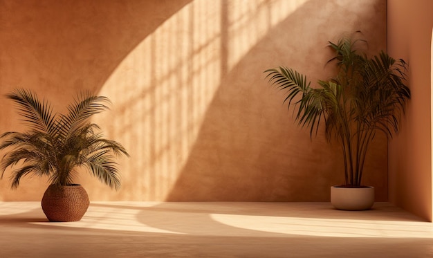 a plant in a pot sits in a room with a pot of palm trees.