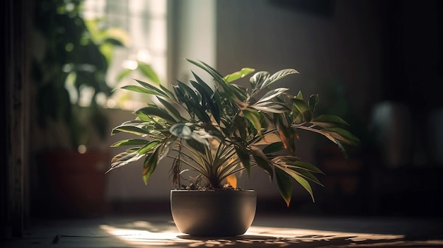 A plant in a pot sits on a rug in front of a window.