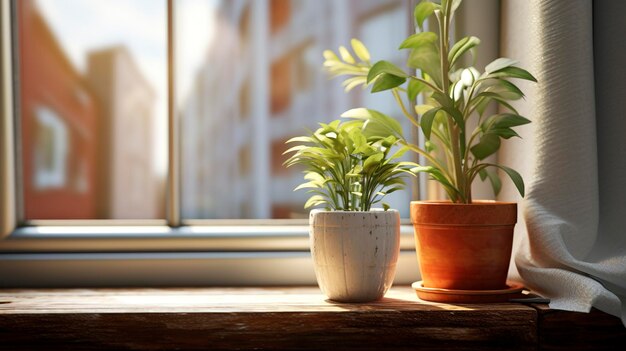 Photo a plant in a pot sits on a window sill