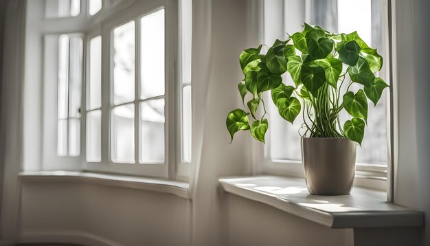 Photo a plant in a pot sits on a window sill