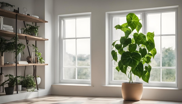 a plant in a pot sits next to a window with a plant in it