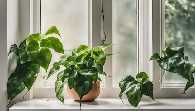 Photo a plant in a pot sits on a windowsill next to a plant