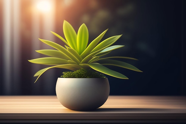 A plant in a pot on a table with a dark background.