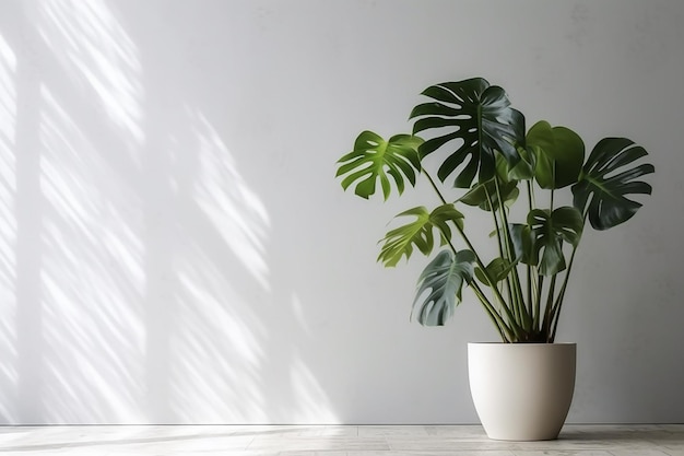 A plant in a pot on a white wooden floor