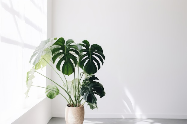 A plant in a pot next to a window