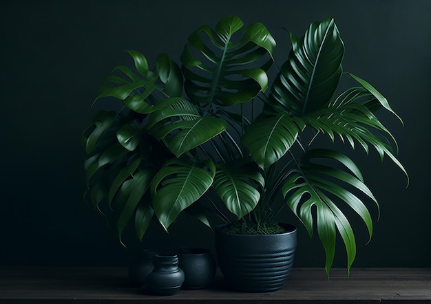 A plant in a pot with a black background and a green leafy plant in the middle.