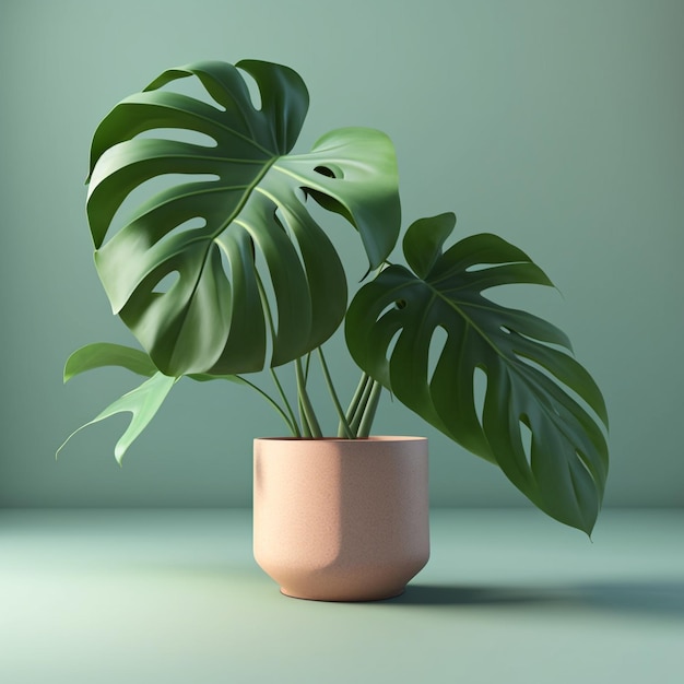 A plant in a pot with a green background and a large leaf that says " monstera ".