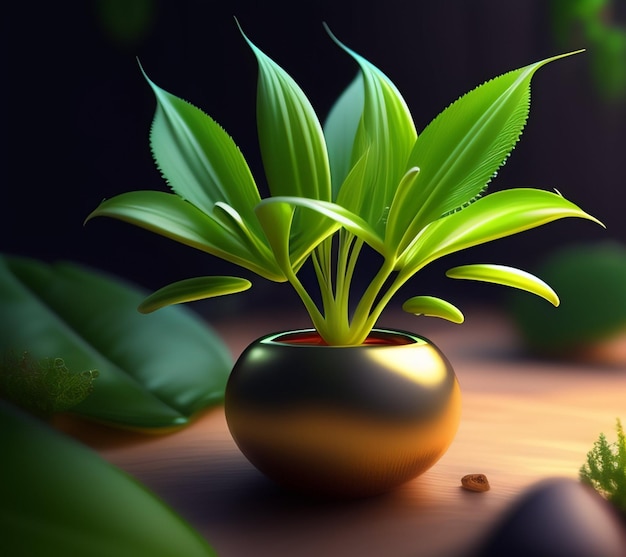 A plant in a pot with a green leaf on it