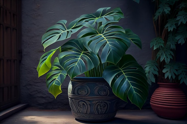 A plant in a pot with a green leafy plant in the corner.