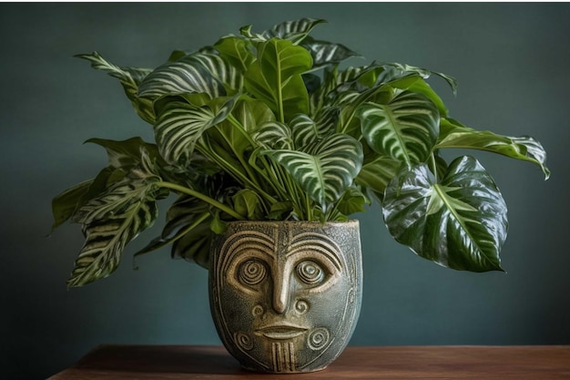 Plant in a pot with a mask on a wooden table
