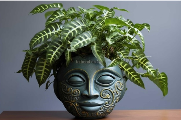 Plant in a pot with a mask on a wooden table