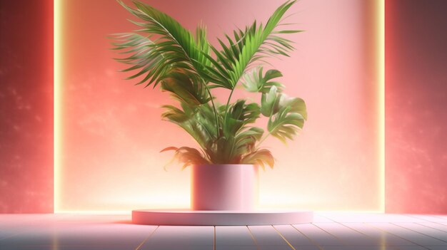 A plant in a pot with a pink background