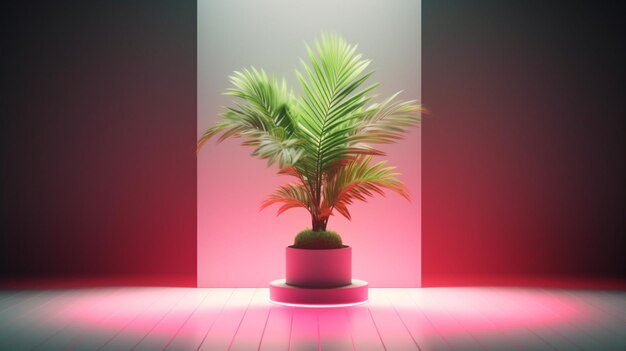 A plant in a pot with a pink light behind it