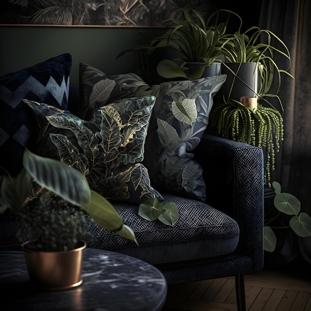 A plant pot with a plant in it next to a blue sofa with a green plant in the corner.